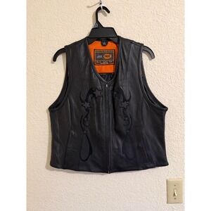 First Classics Black‎ Leather Motorcycle Vest Star Tribal Embroidery L 580 Mens